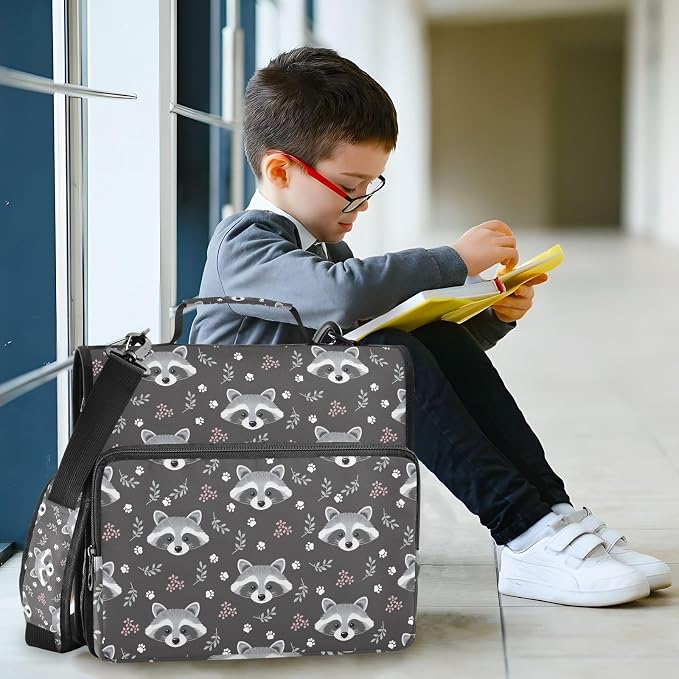 3 Ring Zipper Binder with Shoulder Strap Raccoon Grey 2 Inch Zippered Binder Bag 500 Sheet Capacity Multi Pockets for School Supplies
