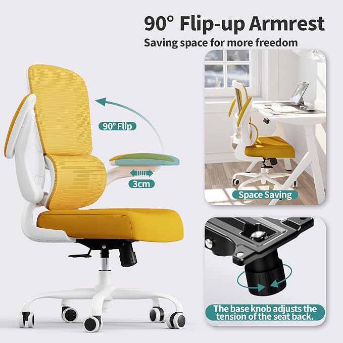 TRALT Office Chair - Ergonomic Desk Chair with Adjustable Lumbar Support, Mesh Computer Chair, Executive Chair for Home Office Comfortable Lumbar Support (1, White Yellow)