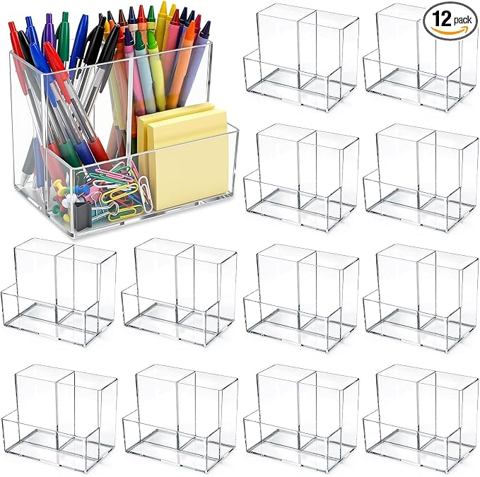 12 Pcs Acrylic Pencil Holder with 3 Compartments, Clear Desktop Pen and Sticky Note Holder Makeup Brush Organizer Cup for Desk Home Vanity Office Classroom Stationery Supplies