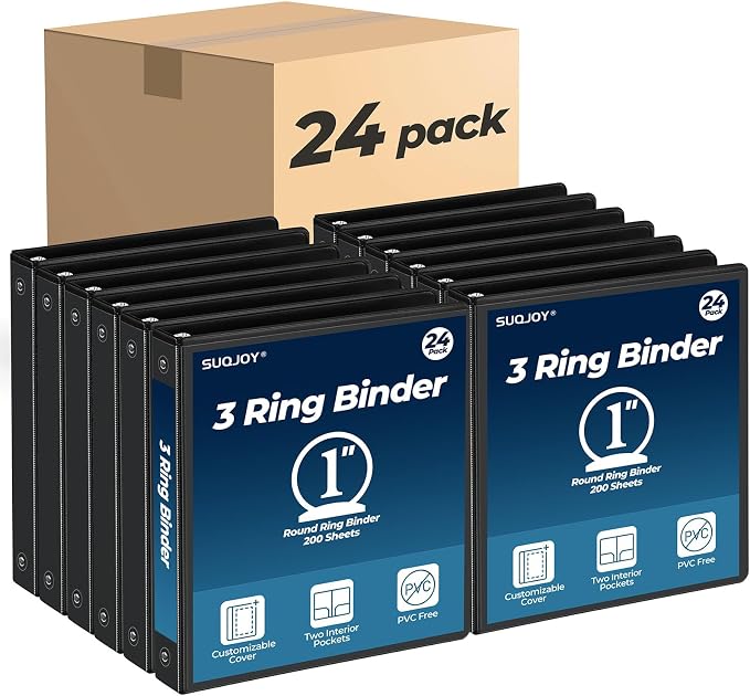 SUQJOY 1 Inch 3 Ring Binders 24 Pack, Clear View Binder Bulk,Black PVC-Free 3-Ring Binders for School, Office or Home, Fits 8.5 x 11 Inches Paper