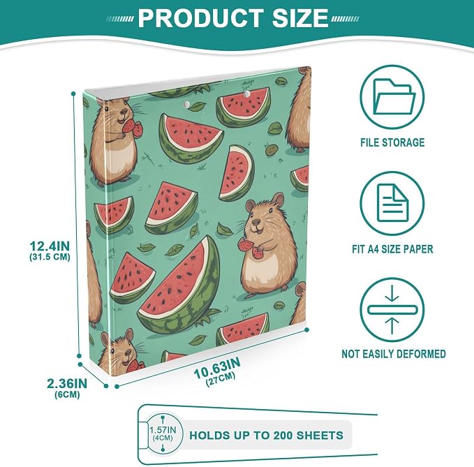 Caikeny 3 Ring Binder Capybara Colorful Summer Watermelon 1.5 Inch Binders Round Ring Clipboard with 2 Pockets for Office Supplies