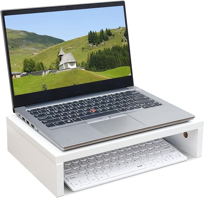 TEAMIX White Monitor Stand Riser for Desk, Small Computer/Laptop Stand Wood | 14.2"L x 9.5"W, Holds 80 lbs, Desktop Organizer Shelf, Ergonomic Morden Design, Easy Assembly, For Home Office, Gaming