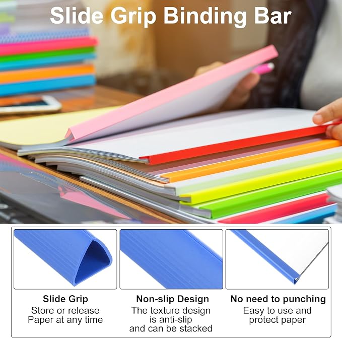 PATIKIL 100Pcs Binding Bars, 10mm Binding Bars Slide Grip 70 Sheets Capacity A4 Size Report Binder Triangle Presentation Binder for Report Cover Resume, Blue