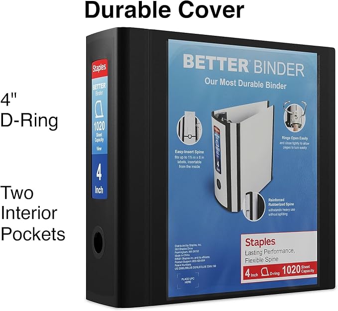 Staples Better 4-Inch D-Ring View Binder, Black, Reinforced Spine | High-capacity durable binder for everyday school and office storage.