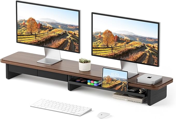 AFOOYO Large Dual Monitor Stand For Desk,43 Inch Desktop Computer Riser with Metal Drawer Desk Shelf Organizer For Computer/Laptop/PC/Printer/TV