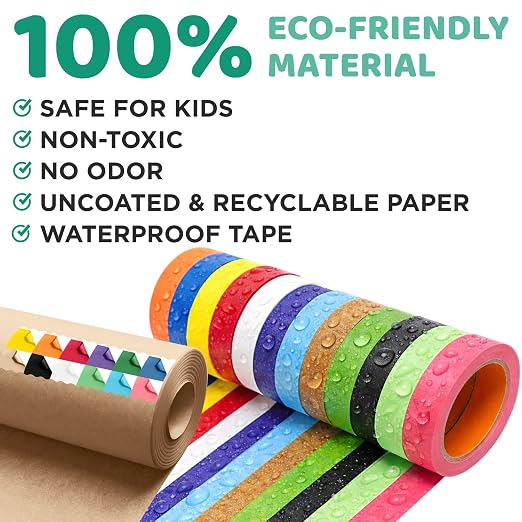 12 Rolls of Colored Kraft Paper and 12 Rolls of Colored Masking Tape | 1" Wide Tape, 12" x 100' Kraft Paper Rolls - Bulk Kids Craft Supplies - For Arts, Decoration, DIY, School