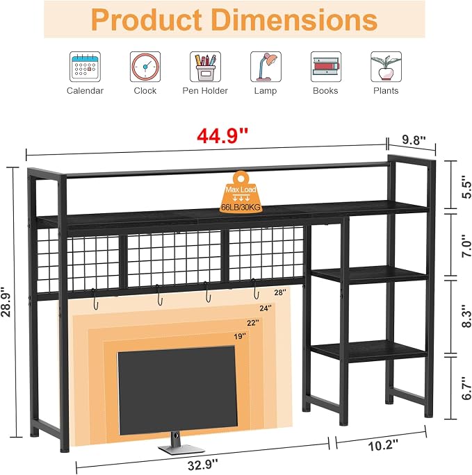 Snughome Desk Shelf, 44.9" Desktop Organizer Shelf, Desk Hutch for Computer Monitor, 4 Tier Desk Display Rack with Pegboard Hooks Set, Wood Desktop Bookshelf for Home Office Dorm