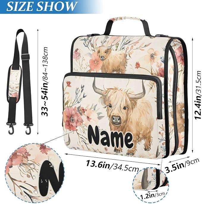 Custom Cute Highland Cows Flowers 3 Ring Binder Bag 1.5 inch Personalized Name Binder Organizer 500 Sheet Documents Storage for School Office