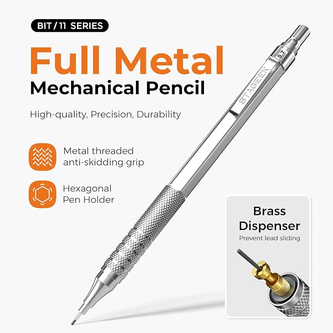 STAGEEK 35PCS Mechanical Pencil Set, 0.5 0.7 0.9 2.0mm Art Pencils, Silver | 384PCS Lead Refills (6B 4B 2B HB 2H 4H Colors),Sharpener, Erasers,Technical Drawing Kit for Writing, Sketching and Drafting