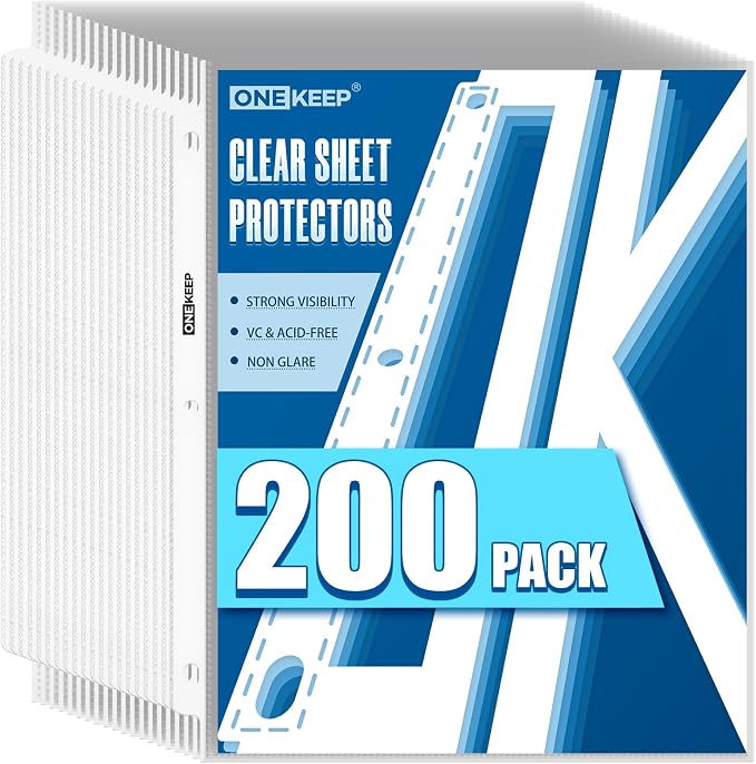 200 Pack Sheet Protectors, Top Loading Reinforced 3-Hole Page | Protectors for 3-Ring Binders, Fits Standard 8.5" x 11" Letter Size Paper, Perfect for Documents & Photos, Office Supplies