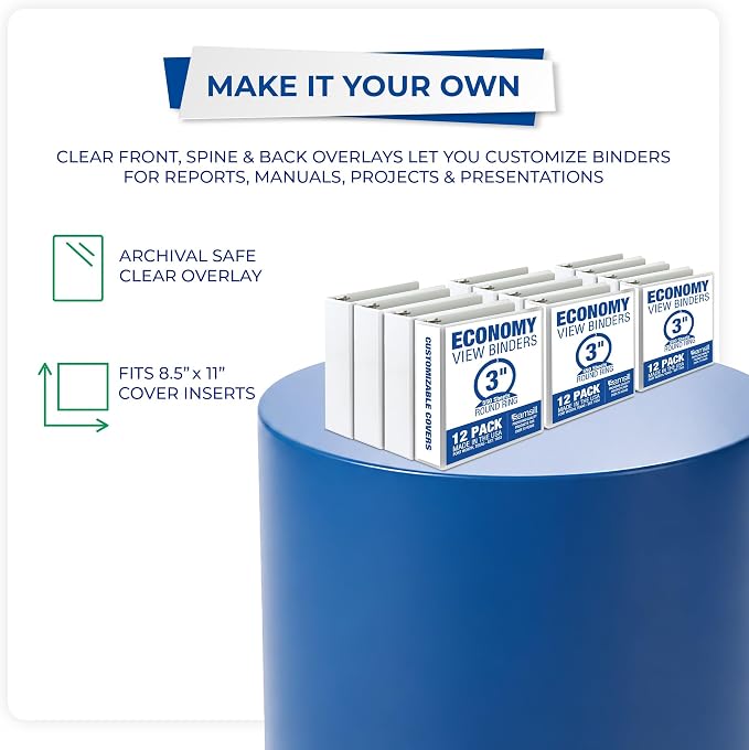 Samsill Economy 3 Inch 3 Ring Binder Bulk Pallet, Round Ring Binder, Customizable Clear View Cover, White, Pallet of 288 Binders in 24 Cartons