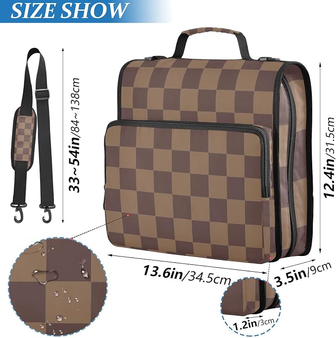 3 Ring Zipper Binder with Shoulder Strap Brown Checkerboard B 1.5 inch Binders Keeper Large Capacity Multi Pockets for School Office Supplies