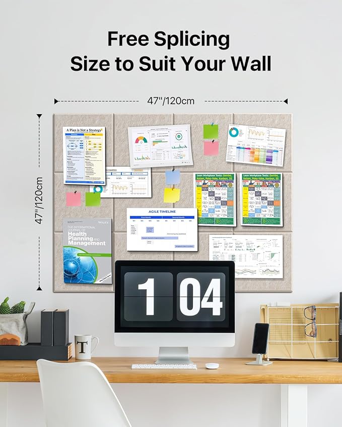 Large Cork Boards for Walls, 47"x35" Bulletin Board, 12-Pack Felt Wall Tiles with 60 Adhesive Tabs, Cork Boards for Office Decor, Felt Board Alternative Pin Board