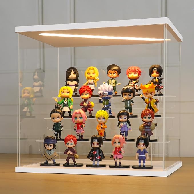 LANSCOERY Acrylic Display Case for Collectibles, 4-Tier LED Light, White | 3mm clear acrylic panels with front door access and tri-color top light for small figures on a desk or shelf.