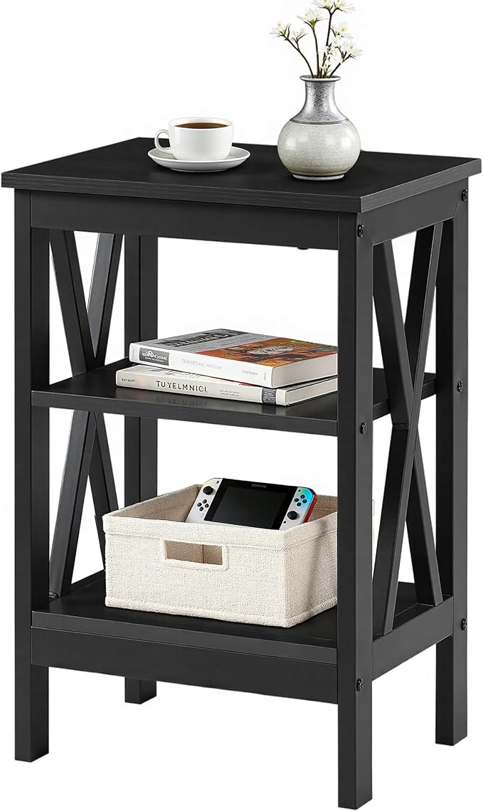 VECELO End Table, Bedside Table, 24" Tall Living Room End Tables, X-Design Reinforced Nightstands, Side Table with 3-Tier Storage Shelves for Small Spaces, Office, Bathroom, Bedroom, Black