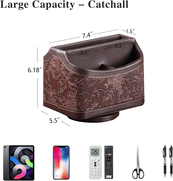 YAPISHI Antique Leather Remote Control Holder, 360 Degree Spinning Desk TV Remote Caddy/Box, Bedside Table Organizer for Controller, Media, Calculator, Mobile Phone and Pen Storage