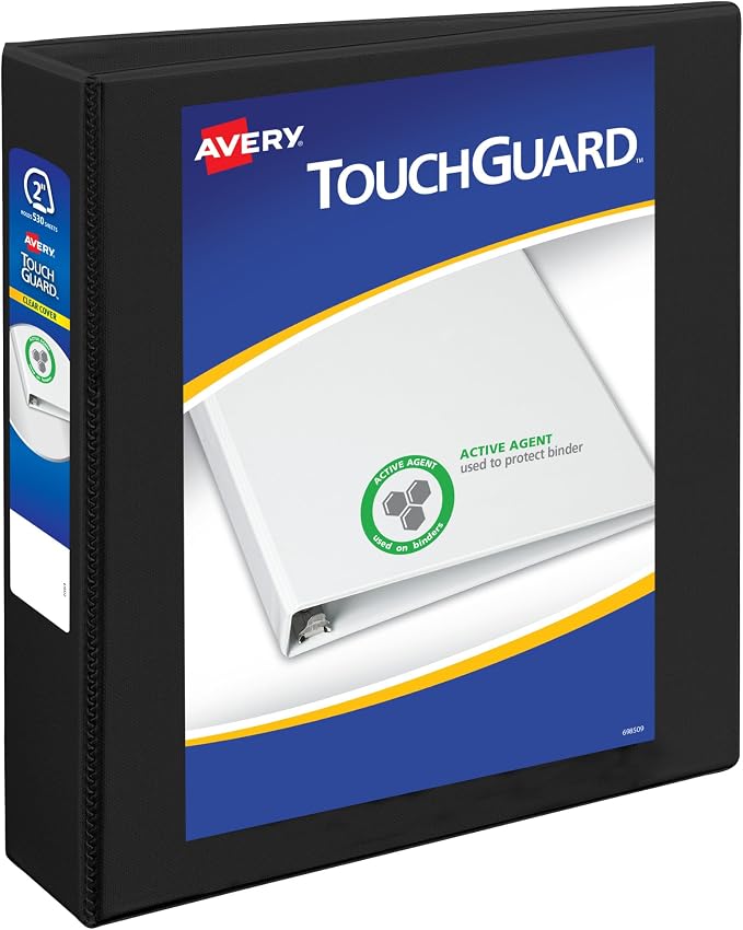 Avery TouchGuard 3 Ring Binder, 2" Slant Rings, 1 Black Binder | For Frequent-Touch School, Home and Office Use, TouchGuard Surface Protection, Household-Cleaner Safe, Clear Interior Pockets