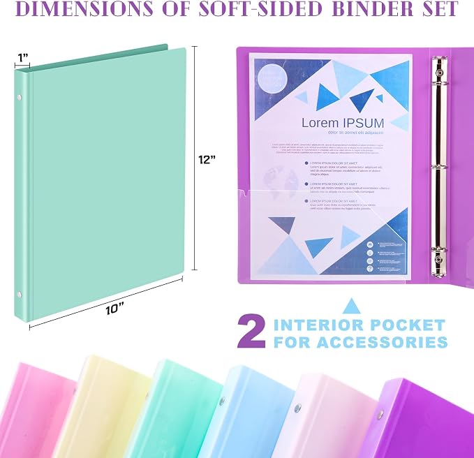 Fulmoon 12 Pcs 1 Inch 3 Ring Binders with 2 Interior Pockets Fits Letter Size Paper 8.5'' x 11'', Clear View 1-inch Three Ring Binders for School Office Business Supplies(Macaron Color)
