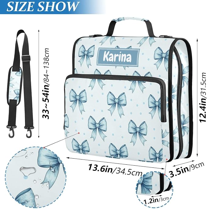 Custom Bow Light Blue Print 3 Ring Zipper Binder with Shoulder Strap & Handle 1.5 Inch D-Ring Zippered Bag with Multiple Pocket, Personalized Binder Organizer for School or Office
