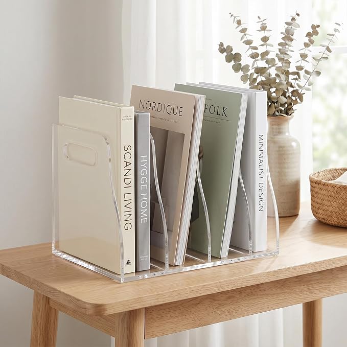 Acrylic Magazine File Holder, 4 Vertical Clear File Organizer Desk Organizer, Compartments Desk Document Sorter, Stores Books, Magazines, Notebooks, Multi-purpose Document Organizer for Home, Office