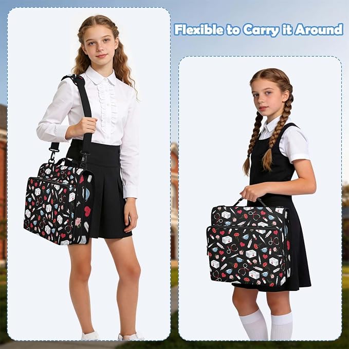 Nurse Print Zipper Binder File Organizer Bag 3 D-Ring | with Shoulder Strap, Holds 500 Sheets & 14in Laptop, 3 Ring Binder for Office Supplies