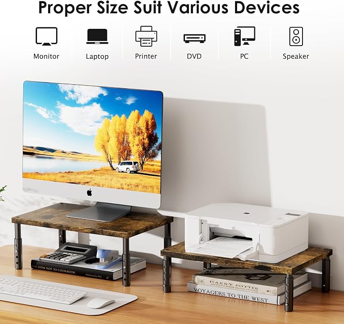 ECOLOVI Adjustable Wood Computer Monitor Stand Riser, Office Desk Organizer and Accessories for Monitor, Laptop, PC, Printer, Office Desk Accessories Workspace Organizer for Home Office Supplies, Brown 2-Pack