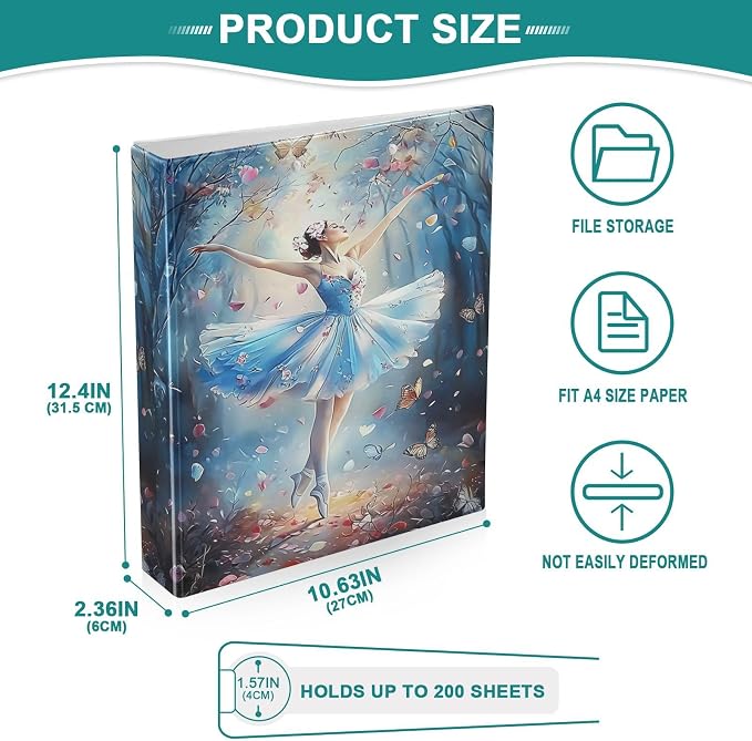 Ballerina in Blue Tutu Skirt 3 Ring Binder 1.5 Inch 2 Pack with 200 Sheet for Kids School Supplies Women Men Office