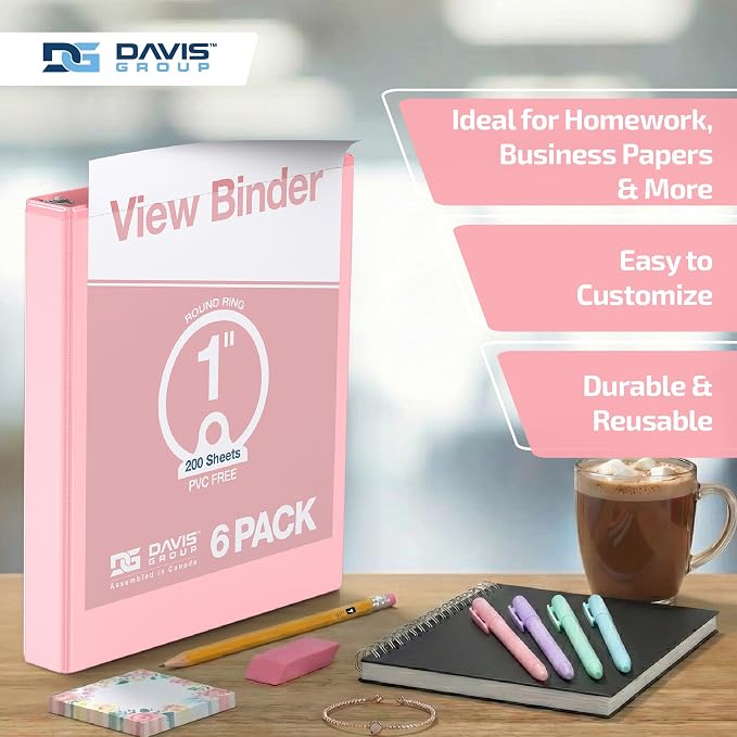 Pack of 6 Premium View Binders, Ring Binders with Clear-View Cover and Interior Pockets, Pastel Color Options, 1 Inch, Blush
