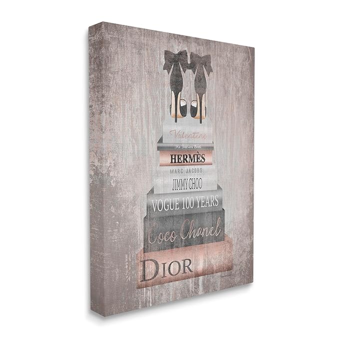 'Book Stack Heels Metallic Pink'| Canvas Art | Stupell Industries | 30 x 40 Inches, Easy to Hang and Sturdy, Made in USA, by Amanda Greenwood
