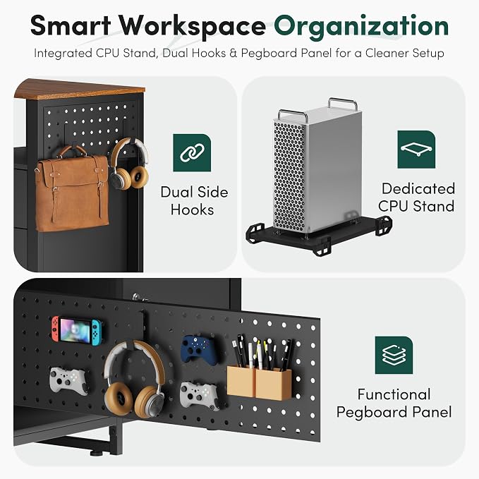 MALOL 70.3" Reversible L-Shaped Office Desk with Power Outlet Computer Desk | Large Executive Desk with Locked File Drawers & Storage Shelves, Pegboard, Mobile CPU Stand, Modern Corner Desk, Walnut