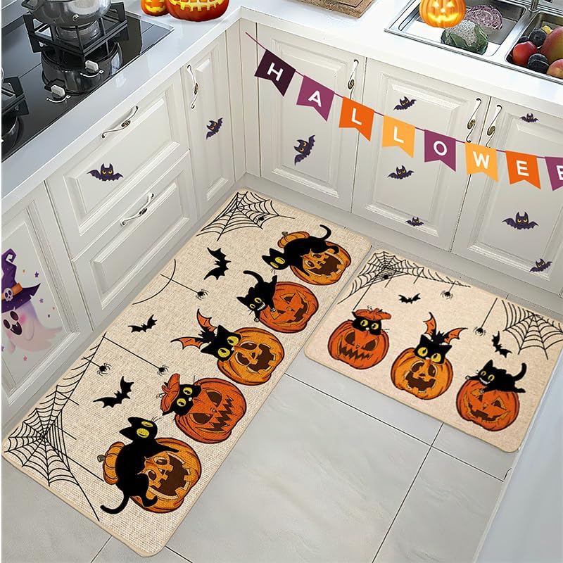 Baccessor Halloween Kitchen Mats Set of 2, Pumpkin Black Cat Bat Spider Web Boo Kitchen Rugs for Floor Low-Profile Farmhouse Fall Halloween Party Home Decor 17x29 and 17x47 Inch