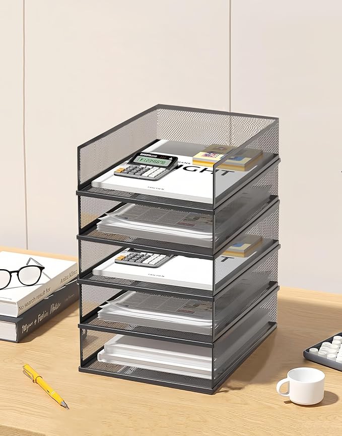 A3 Mesh Desk File Organizer, Stackable Paper Tray，Desktop Document Sorter, File Storage, 3/4/5-Tier Paper Letter Tray Organizer, Desk Accessories & Workspace, Black (5 Tier-Portrait-Black)
