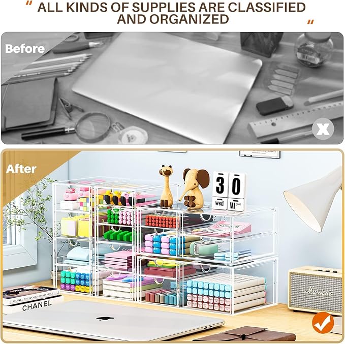 4-Pack Acrylic 16-Drawer Storage & Makeup Organizer for Desk | Smooth-glide drawers, clear acrylic, stackable, dustproof, wipe clean, for office supplies, pens, jewelry, makeup