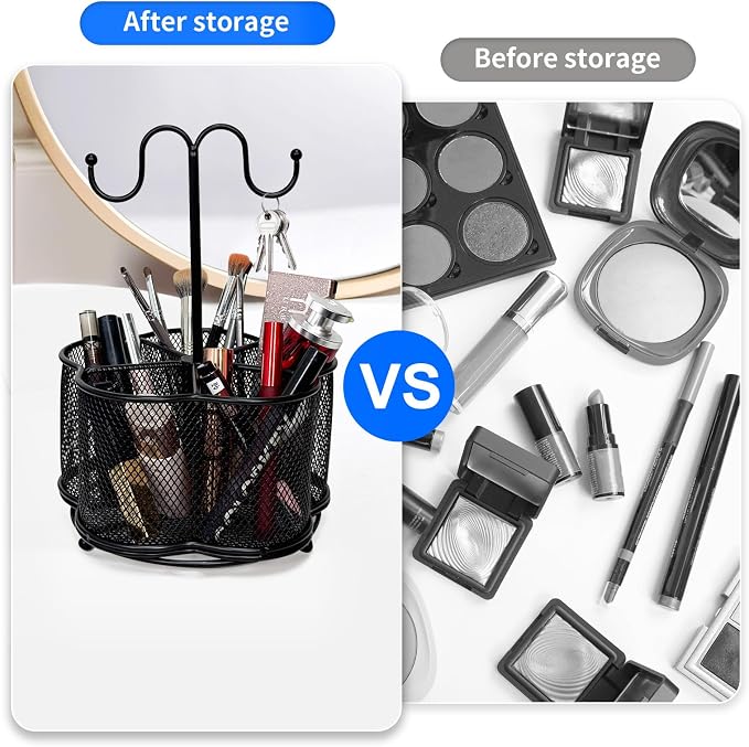 Pen Holder for Desk,360 Degree Rotating Pencil Holder Organizer | 5 Compartments,Large Capacity Pencil Holder for Desk,Metal Rust Prevention,Pen Organizers for Home(Black, With hook)
