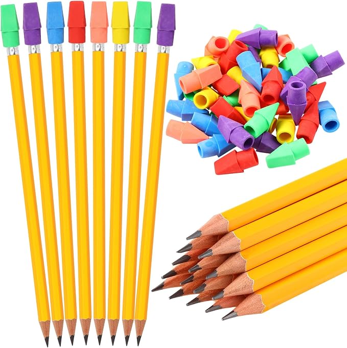 Gersoniel 24 Pack Yellow No. 2 Pencils, HB Wooden Bulk with 48 Eraser Caps