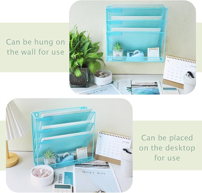 3 Pockets Mesh Wall File Holder Organizer with Bottom Flat Tray, Office Hanging File Folder Magazine Rack, Nametag Label Hooks Set Included, Blue