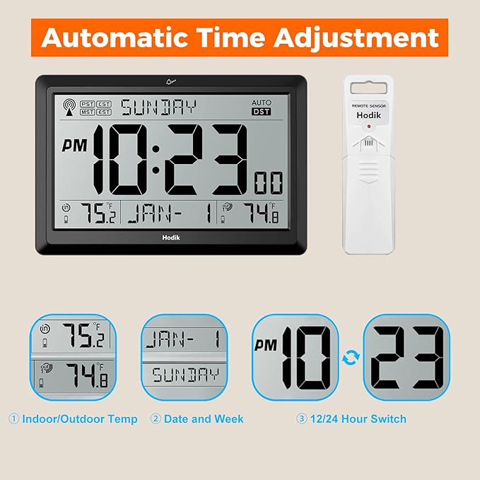 Wall Clock Atomic with Indoor Outdoor Temperature Battery Powered, Easy Reading with 10.5 Inch Large LCD Display, 330FT Range Table Wall Clock with DST, 12/24 Hour for Living Room Kitchen (Black)
