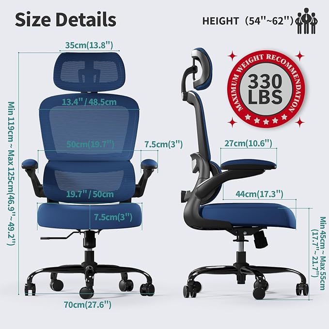 TRALT Office Chair Ergonomic Desk Chair - Gaming Chair with Lumbar Support | 330 LBS Home Office Desk Chairs with Headrest, Reading Chair with Flip-up Armrests, Comfortable Computer Chairs (1, Blue)