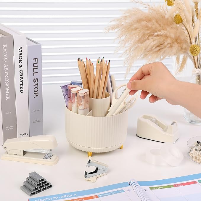 SKYDUE Desk Organizer Set with 360° Rotating Pen Holder | Includes Stapler, Scissors, Tape Dispenser, Clips, Pins & Accessories, For Home Office, School, Teacher