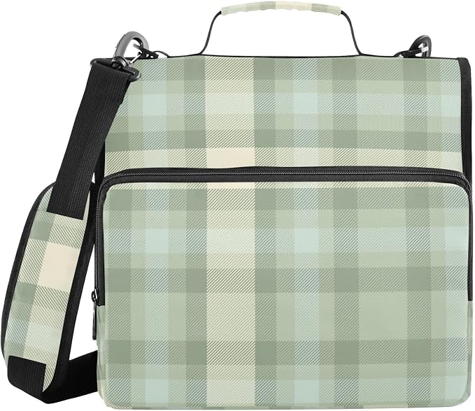 Aslsiy Zipper Binder Sage Green Plaid 1.5 inch 3-Ring Binder Organizer Checked Trapper Keeper with Shoulder Strap for School Office Supplies