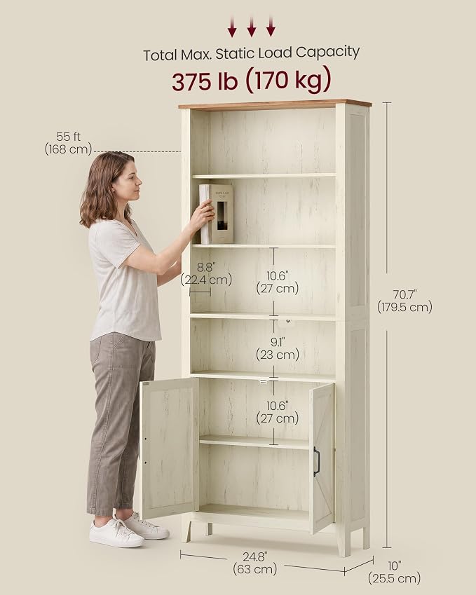 VASAGLE Liry Collection Farmhouse Bookshelf, 6-Tier Bookcase with Doors, Storage Cabinets, 24.8 x 10 x 70.7 inch, for Home Office, Living Room, Cloud White and Warm Brown ULBC134W101S