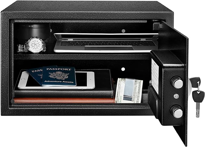 Amazon Basics Steel Security Safe and Lock Box with Digital Keypad, Easy to Use, Removable Shelf, Secure Cash, Jewelry, Documents, Black, 1.2 Cubic Feet, 16.9-x-14.6-x-10.6-inches (WxDxH)