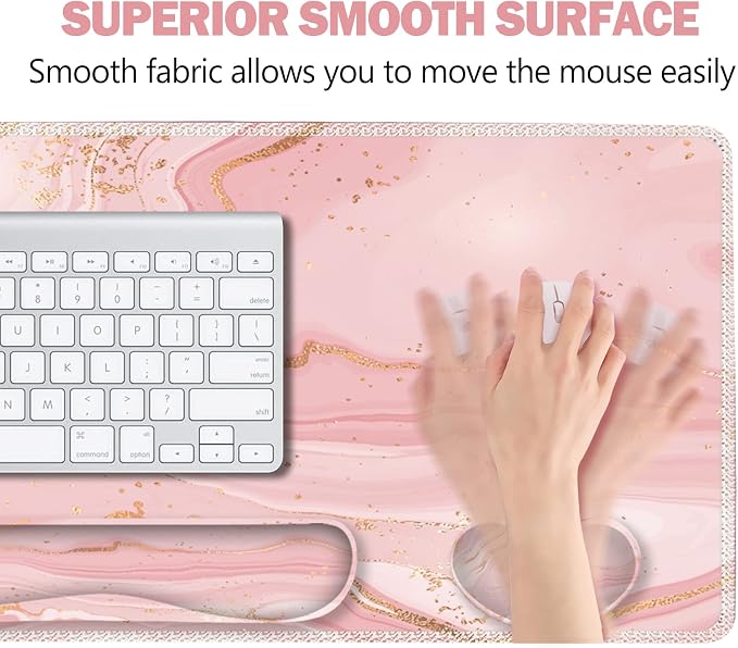 Extended Gaming Mouse Pad Set, Keyboard Wrist Rest Support Pad + Wrist Cushion + XXL Large Mouse Pad + Coaster, Stitched Edge, Non-Slip, Memory Foam Desk Mat, Pink Gold Marble