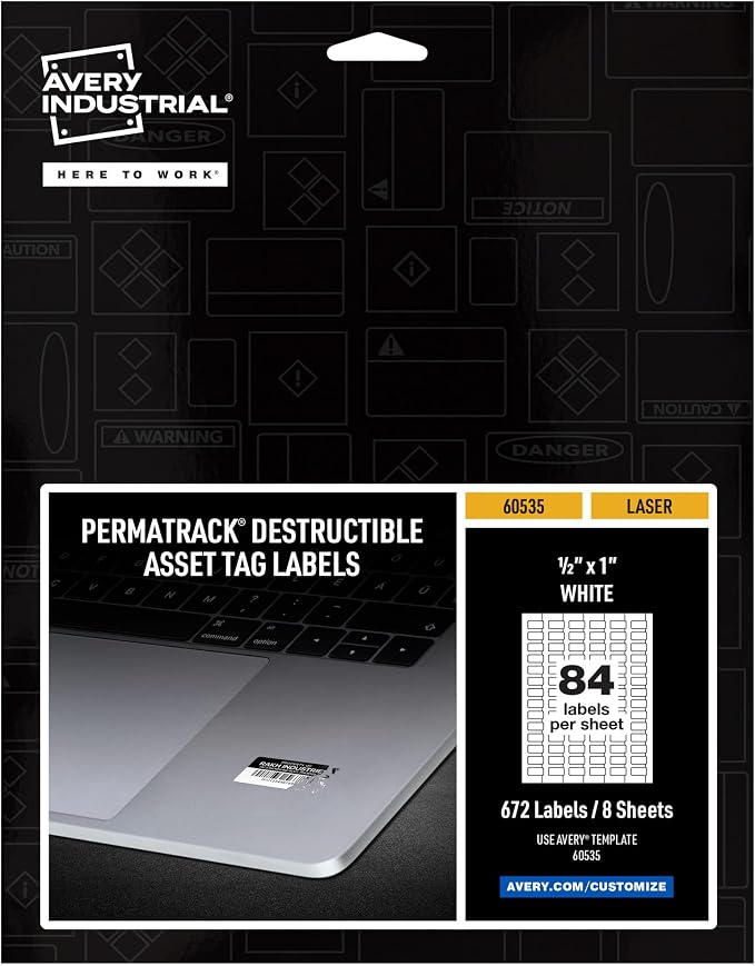 Avery White Asset Tag Labels, 1/2" x 1", Destructible Laser Printable Tags, 672 Waterproof Labels (60535)