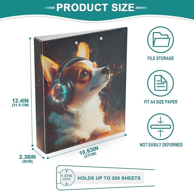3 Ring Binder Corgi Wearing Headphones 1.5 inch Binders Three Ring Binders with Clipboard Fit 8.5'' x 11'' Paper 3 Interior PVC Clear Pockets for Office Supplies