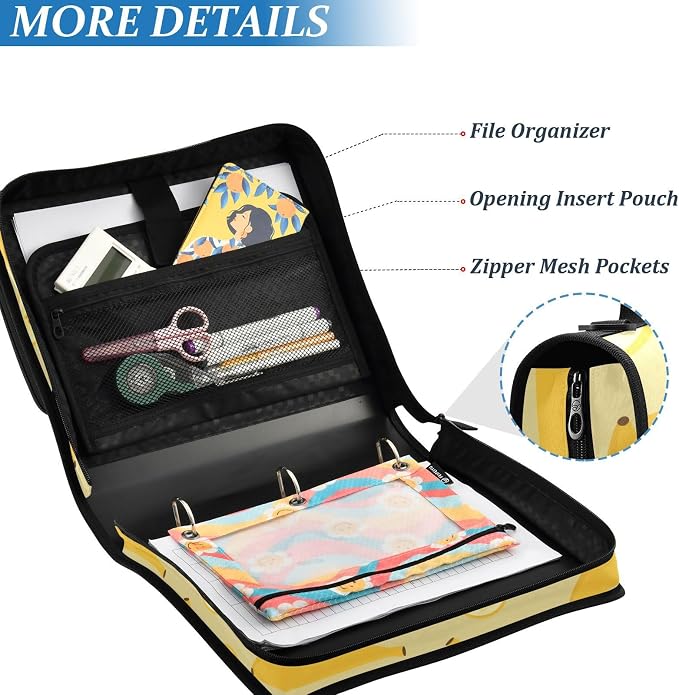Yellow Bananas and Slices Zipper Binder with Shoulder Strap Trapper Keeper 3 Ring Binder Organizer Large Capacity Multiple Compartments for School Office