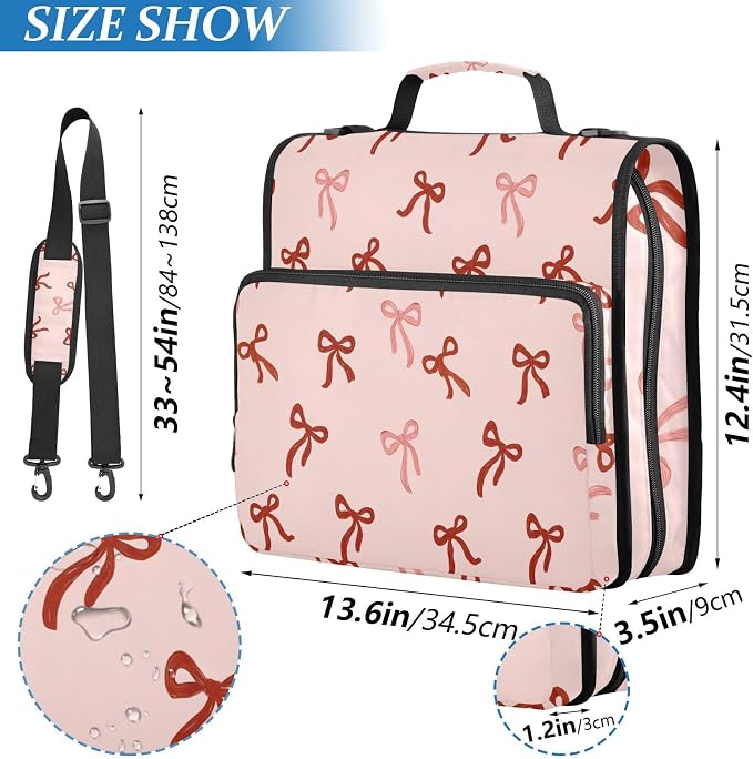 3 Ring Zipper Binder with Shoulder Strap Cute Red Bows Pink B 1.5 inch Binders Keeper Large Capacity Multi Pockets for School Office Supplies