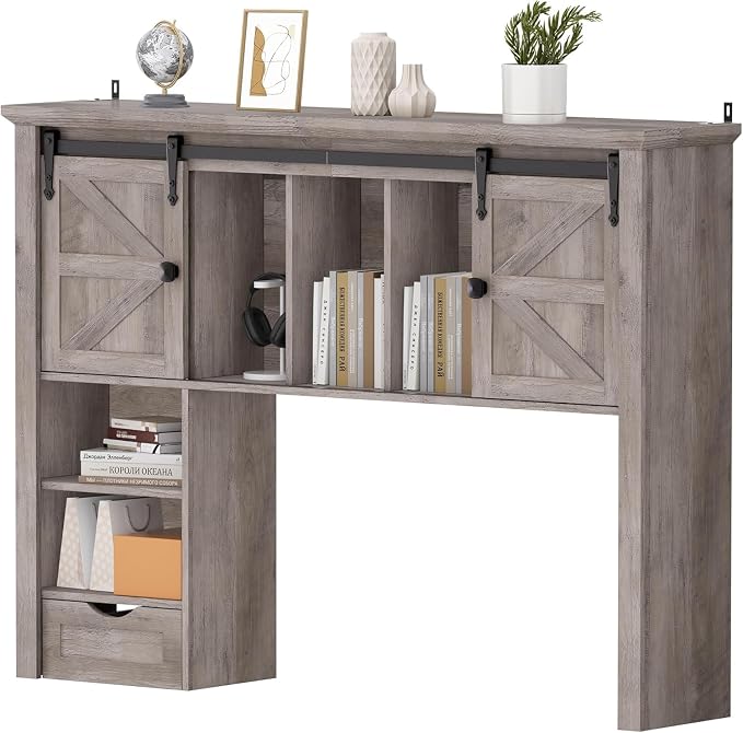 Large Desktop Bookshelf with Sliding Barn Door, 47.2''W Desk Shelf | Display Rack, Desktop Organizer Storage Rack with 7 Cubbies and Drawer, Home, Desk Shelf for Office, Dorm, Vanity, Oak