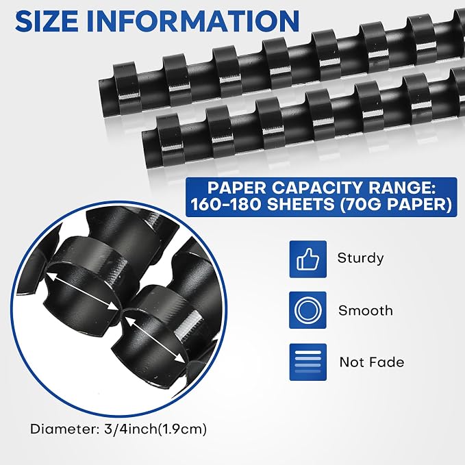 MYFULLY 100 Pack 21-Ring Plastic Binding Spines 3/4" Dia, 180-Sheet | Black Comb Binding Combs for Office and School, Ideal for Reports, Presentations, and Documents with A4 Pages