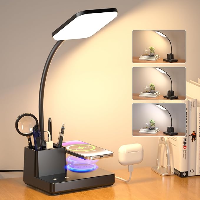 Sailstar Desk Lamp, Table Lamp with Wireless Charger & USB Port, 800LM CRI95 3 Color Modes Dimmable Touch Flexible Arm Pen Holder, LED Desk Lamps for Home Office, College Dorm Room, Adapter Included